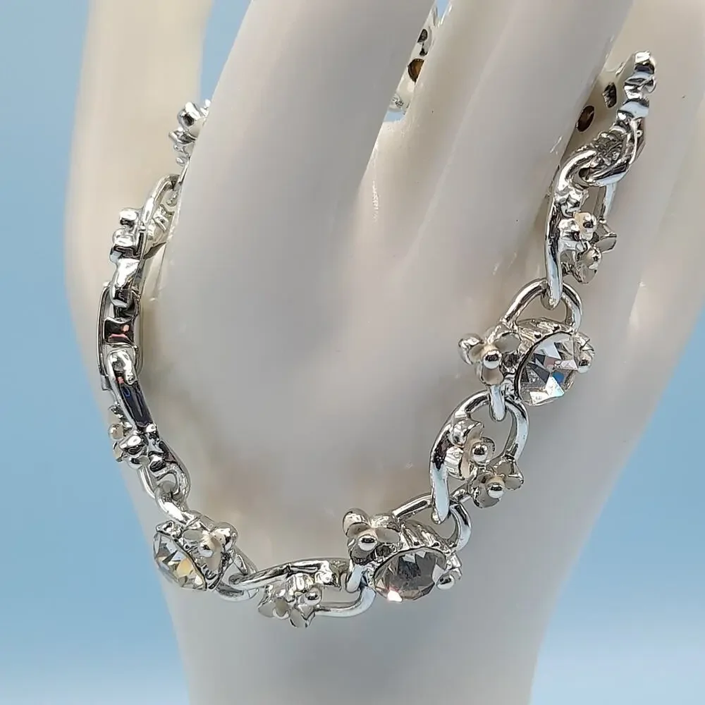 Vintage Creamy White Flower Bracelet, Clear Rhinestones, Mid-Century